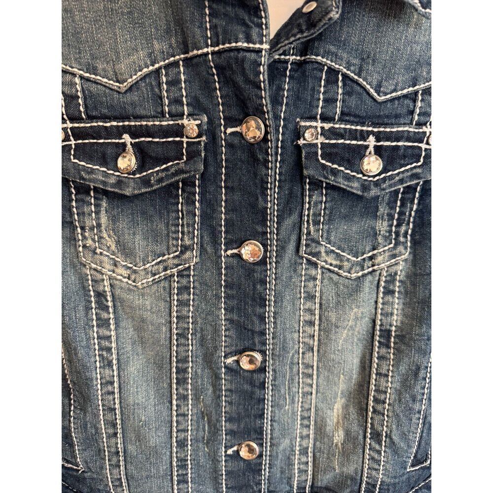 Vanity Denim Jacket Womens M Fleur-de-Lis Western Contrast Stitch Rhinestone NWT - Picture 6 of 11
